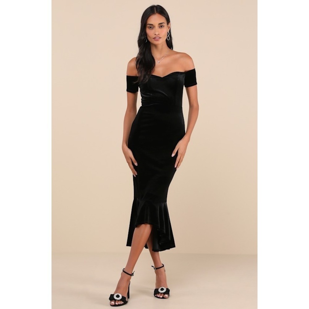 Lulus Black Velvet Off-the-shoulder Midi Dress